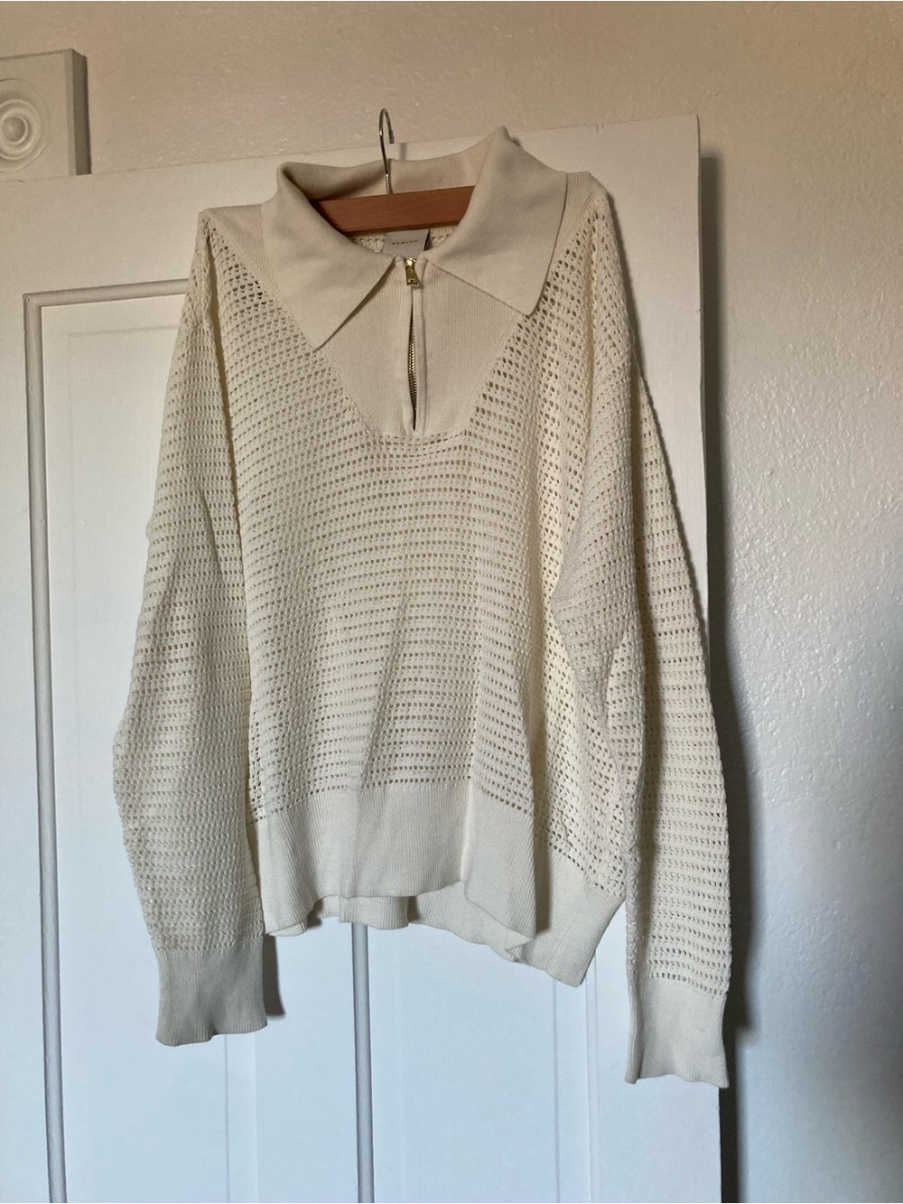 Varley Cream Open-Knit Zip Collar Sweater